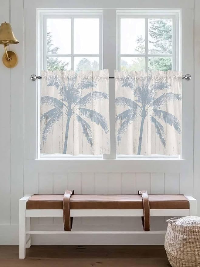 Summer Coconut Tree on Vintage Wood Grain Window Valance Curtains, Seaside