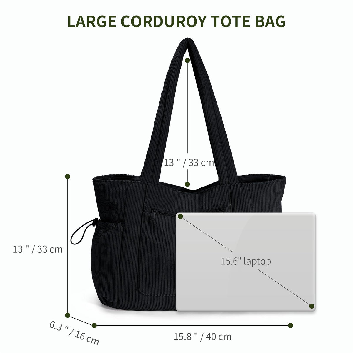 ECOHUB Oversize Work Tote Bag for Women with 40oz Cup Holder Corduroy Laptop Tote Teacher Nurse Bag for Office College Travel Black