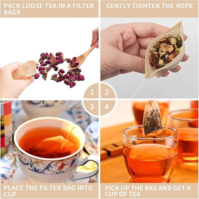 Tea Filter Bags with Free Tea Spoon, Safe & Natural Material, Disposable Tea