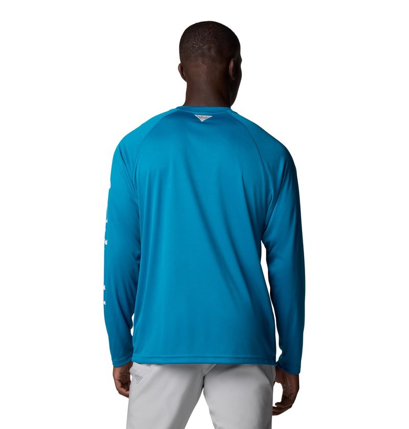 Columbia Men's PFG Terminal Tackle Long Sleeve Fishing Shirt, Blue Echo/White Logo, Large