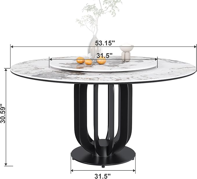 53" Round Modern Marble Dining Table with Lazy Susan, Sintered Stone Top for Kitchen, Dining Room, Dinette, Space Saving Design