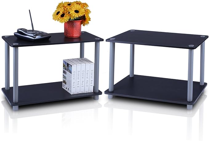 Furinno TURN-N-TUBE Side Table Set of 2, 2-Tier Modern Rectangle End Table with Open Shelf, Night Stand, Bedside Table, Toolless Assembly, for Living Room, Bedroom, Black