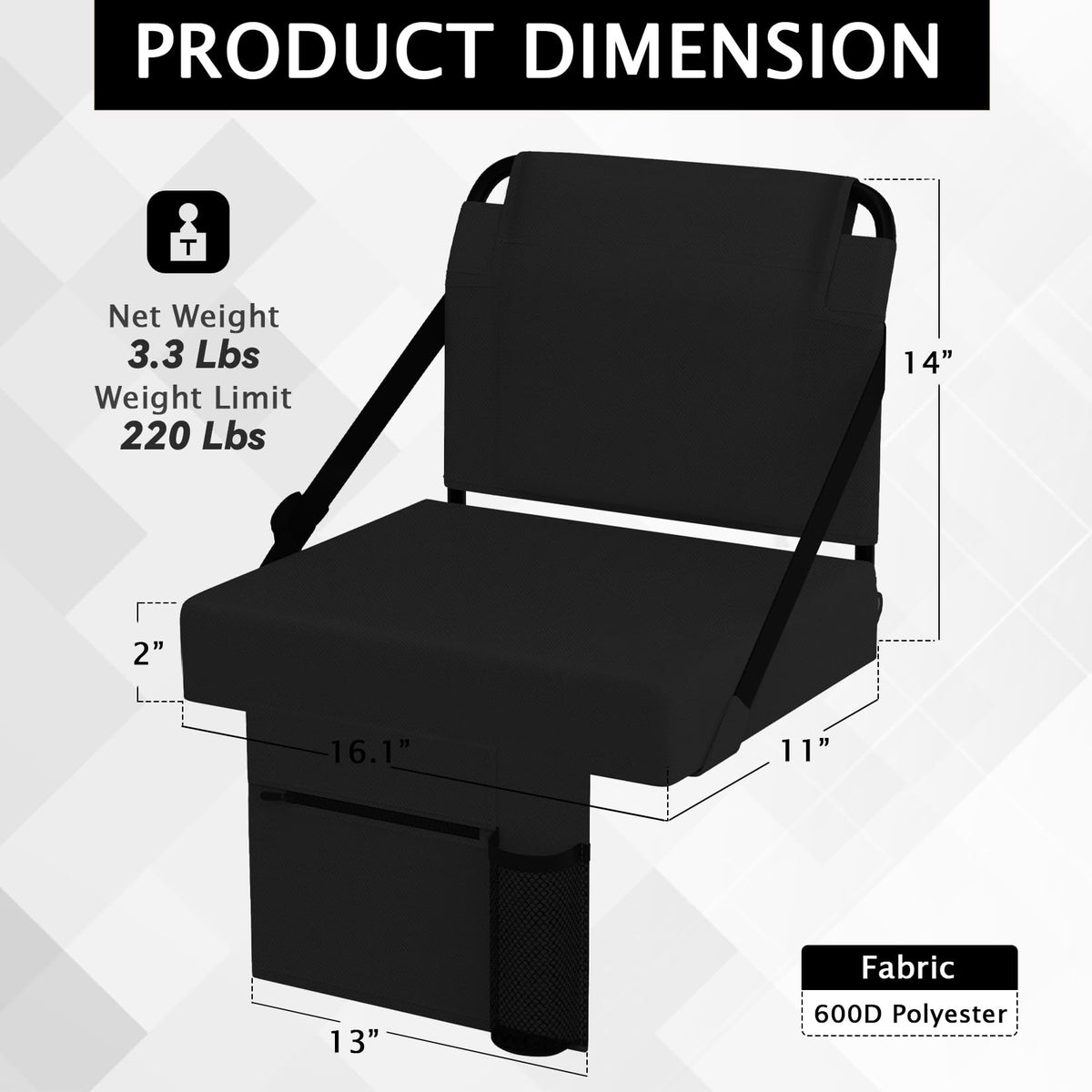 ACIPENSER 2pcs Stadium Seat for Bleachers with Back Support，Portable Bleacher Chairs with Back and Cushion，Includes Shoulder Strap and Cup Holder,Black