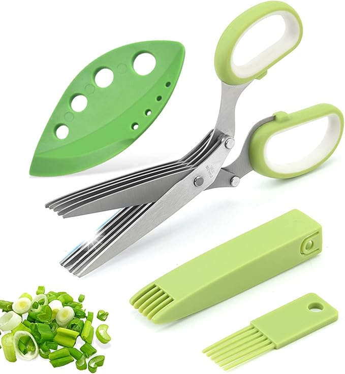 AWinjoy Herb Scissors Set,Multipurpose 5 Blade Kitchen Herb Cutter with Safety Cover and Cleaning Comb for Cutting Shredded Lettuce, Cilantro Fresh, Green Onion Fresh and etc.