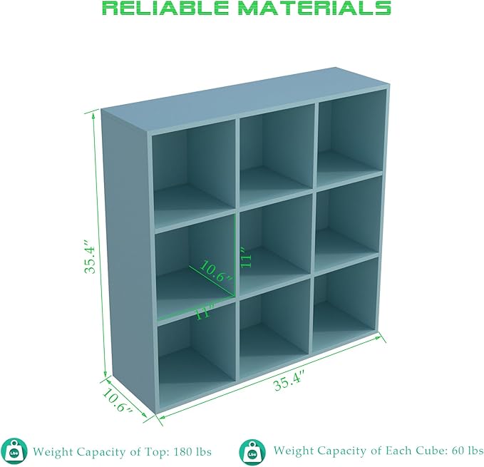 9-Cube Storage Shelf Bookcase - Wooden 3-Tier Floor Standing Open Bookshelf for Home and Office, Display Cabinet, Light Blue