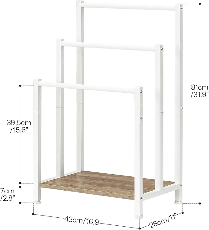 HOOBRO Free Standing Towel Rack, 3 Tier Blanket Rack, Blanket Holder for Bathroom, 16.9" L x 11" W x 31.9" H, Industrial Metal Drying and Display Rack with Shelf, White and Grey WG03LB01