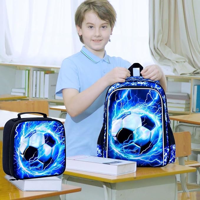 KLFVB 3PCS Kids Backpack, 17" Boys Football Bookbag and Lunch Box, Water Resistant Teenagers School Backpacks for Middle Elementary - Lightning Soccer