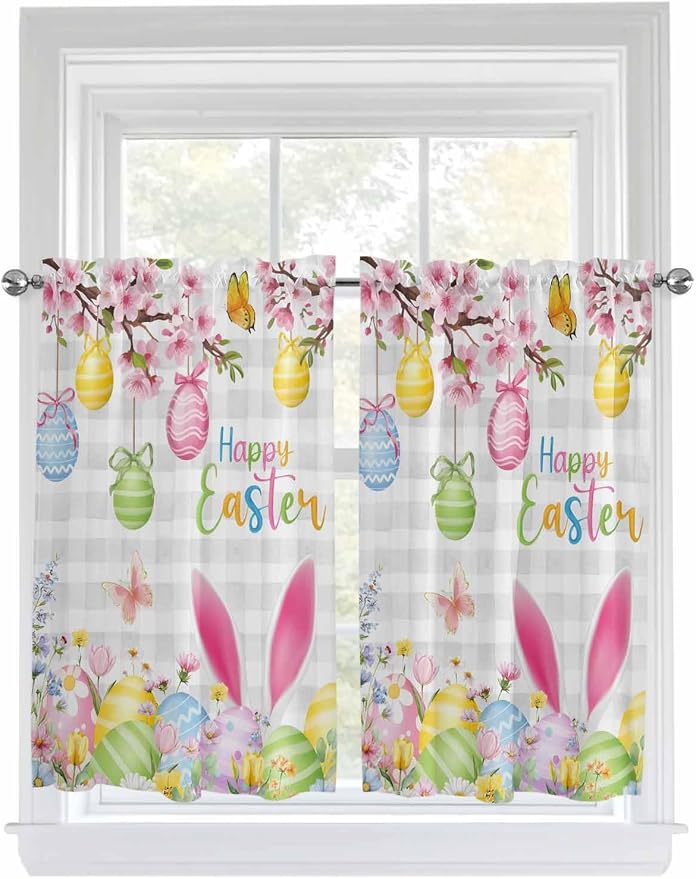 Happy Easter Kitchen Curtains 45 Inches length, Spring Watercolor Bunny Eggs
