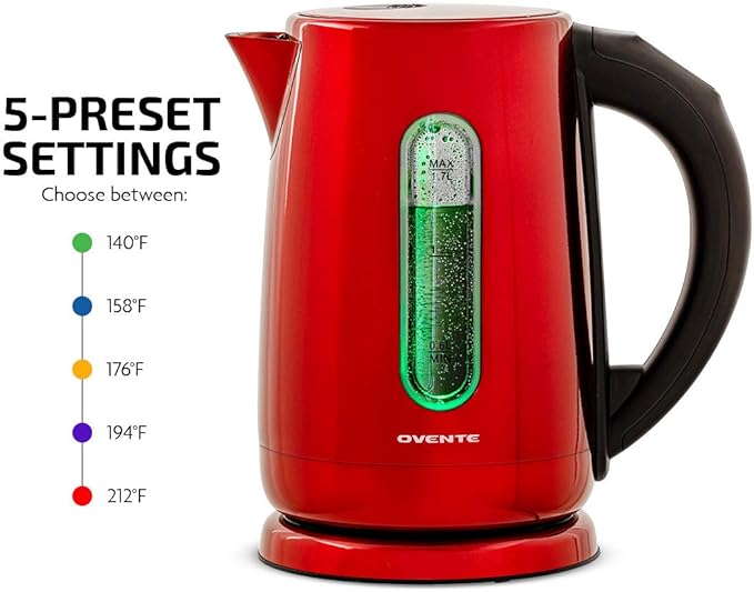 OVENTE Stainless Steel Electric Kettle with 5 Preset Settings, Red KS58R