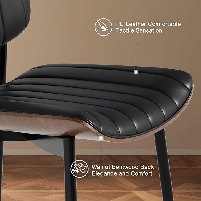 Modern Green Leather Dining Chair Set of 2, Bentwood Backrest & Black Metal Frame Ergonomic Comfort, Sustainable Style, Multi-Space Versatile, Black