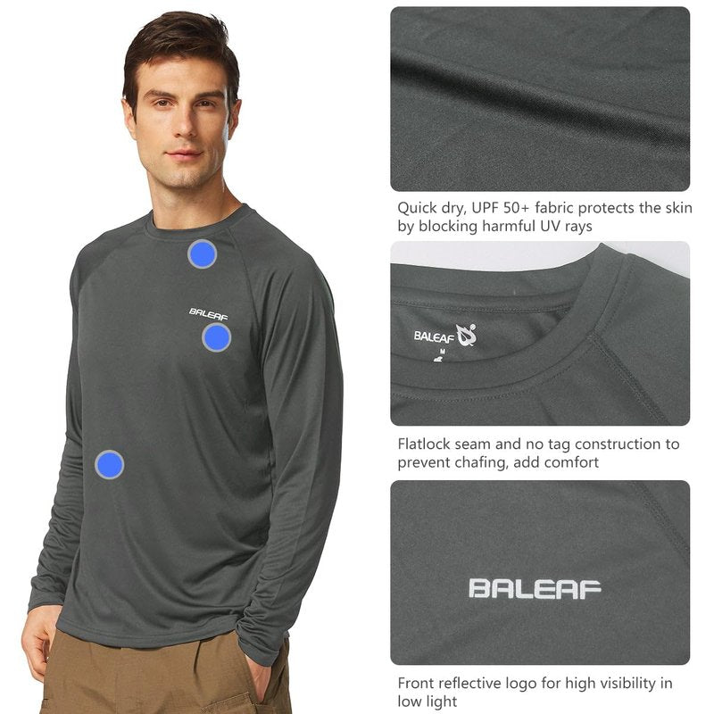 baleaf Mens UPF 50+ Sun Protection Shirts Long Sleeve Rash Guard, Quick Dry 4-Way Stretch for Fishing Swimming Surfing 01-Deep Gray L