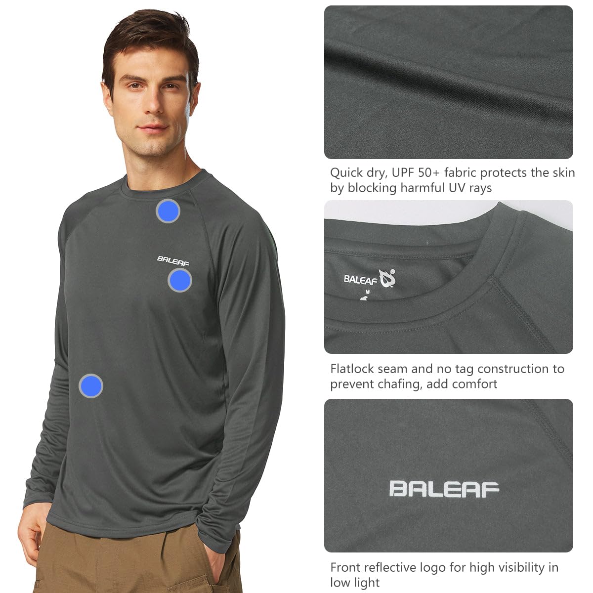 baleaf Mens UPF 50+ Sun Protection Shirts Long Sleeve Rash Guard, Quick Dry 4-Way Stretch for Fishing Swimming Surfing 01-Deep Gray 2XL
