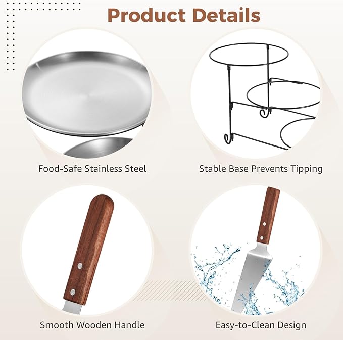 NIMBLOOM 7 Pcs Pizza Pan Riser Stands Sets, Including 3 Tier Dessert Stand with Stainless Steel Pizza Pans(7.87in), and 3 Cake Spatulas for Cakes, Desserts, Pizza, Appetizers