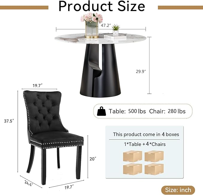 5-Piece Faux Marble Round Dining Table Set for 4, Modern Luxury Kitchen Table Set for 4 with Black Tufted Chairs,Circle Dining Tables with Pandora Grain Top and Black Pedestal Base
