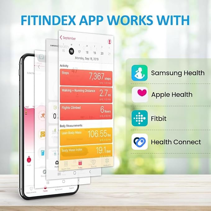 FITINDEX Scale with BMI, Body Fat, Muscle Mass, Smart Scale for Body Weight, Bluetooth, Digital, Sync with App, User Health Equipment, FSA HSA Eligible