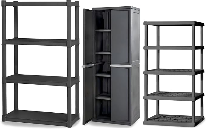 Sterilite 4 & 5 Shelf Plastic Storage Units Bundled with Easy to Assemble Storage Cabinet for Garage, Pantry & Kitchen Organization, 4 Shelves, Gray
