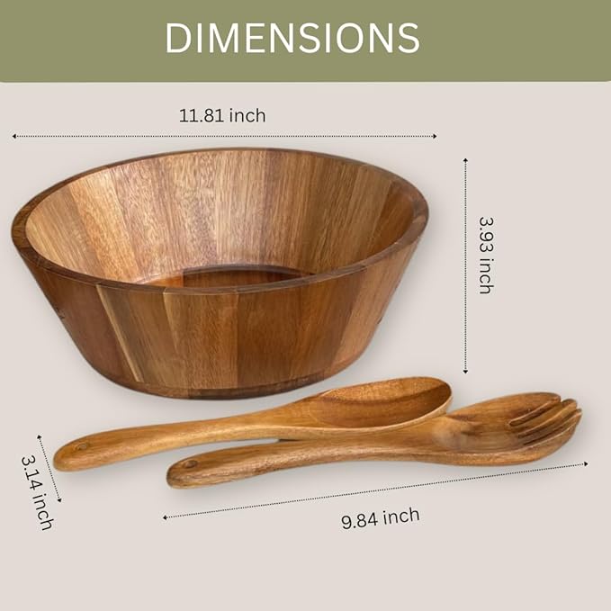 Large Wooden Salad Bowl Set, Eco-friendly Wooden Bowl, Handcrafted Acacia Wood Salad Bowl for Kitchen & Dining