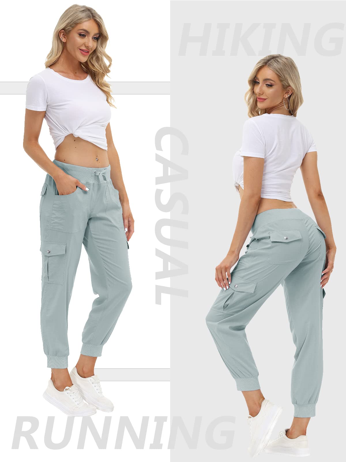 MoFiz Women Cargo Pants with Pockets Lightweight Outdoor Summer Travel Casual Hiking Pants Running Joggers Sweatpants Elastic Waist Light Grey M