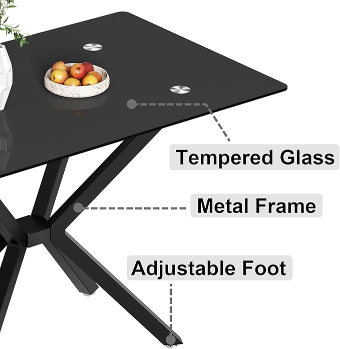 47.24" Rectangular Glass Dining Table Modern Kitchen Glass Top Table for 4 with Black Metal Legs, Clear Dining Table Kitchen Table for Home Office Dining Room