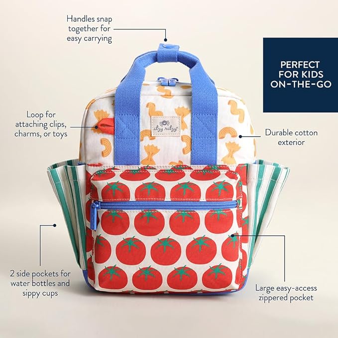 Itzy Ritzy Toddler Backpack - Daycare Bag - Features Adjustable Shoulder Straps, 2 Side Pockets & Spacious Interior with Wipeable Fabric Lining & Name Label, Pasta