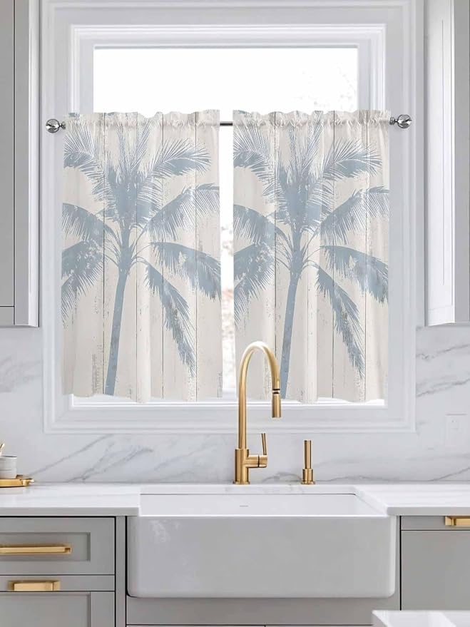 Summer Coconut Tree on Vintage Wood Grain Window Valance Curtains, Seaside