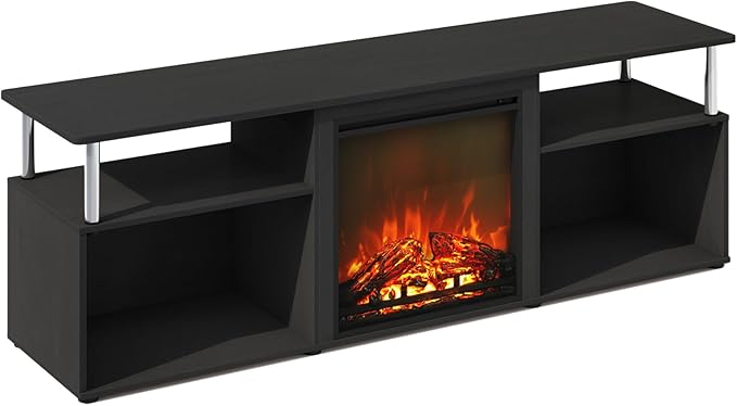 Furinno Jensen Fireplace TV Stand, NO Heat Decorative Electric Fireplace TV Stand for TV up to 70 Inch, with Open Storage, for Living Room, Americano/Stainless Steel