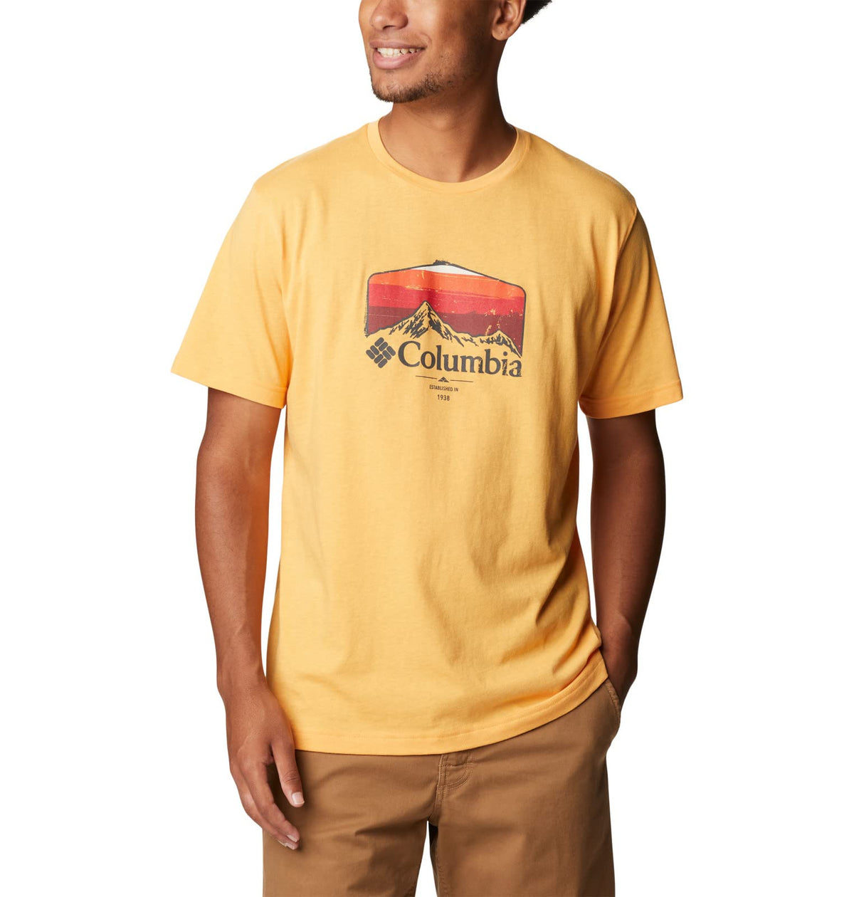 Columbia Men's Thistletown Hills Graphic Short Sleeve, Mango Heather/Hikers Graphic, Small