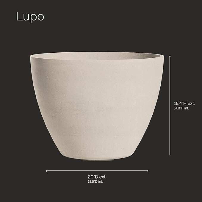 Lupo Tapered Planter – Sand Stone Finish – Fiberglass Indoor/Outdoor and Weather-Resistant Medium Planter (20" D x 15.4" H Exterior, 18.9" D x 14.8" H Interior)