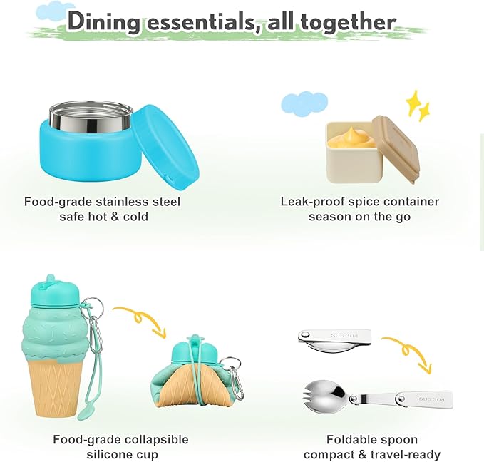 HAWEEK Lunch Box Kids with 5 Compartments, Insulated Food Jar & Utensil & Sauce Container & Lunch Bag & Silicone Collapsible Cup, Leak Proof Bento Box, BPA-Free & Dishwasher Safe-Blue