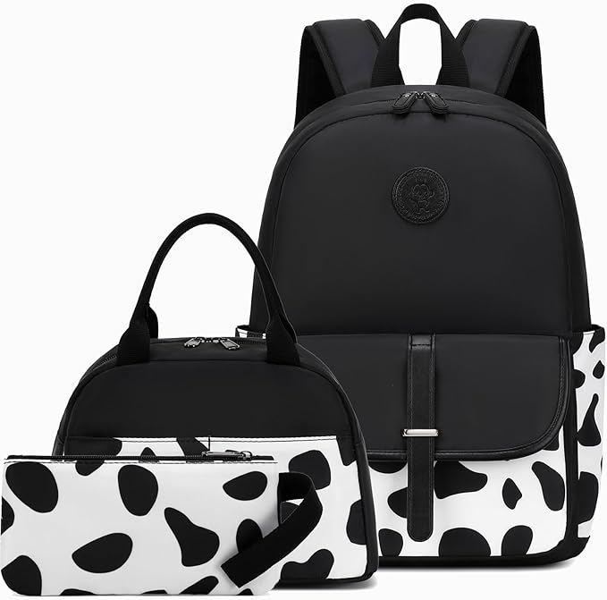 School Backpack for Girls Teens Bookbag with Lunch Box Set Kids Backpack Elementary Middle School Bag Daypack, Black Cow