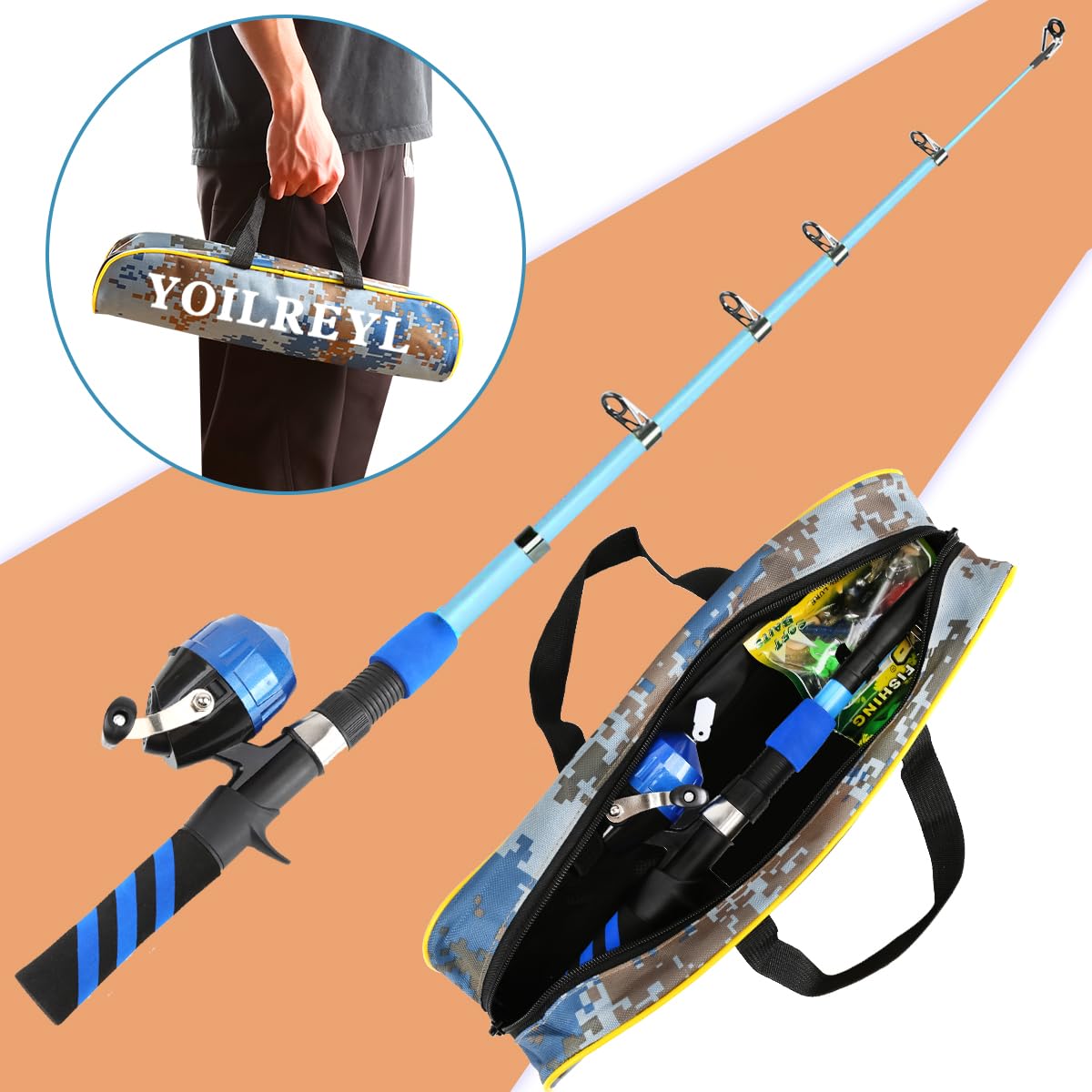 Yoilreyl Kids Fishing Rod and Reel Combo Push Button Small Collapsible Telescopic Fishing Pole Kit Beginner Youth Boys Fishing Starter Set Tackle(Casting Rod,5.91FT,Blue)