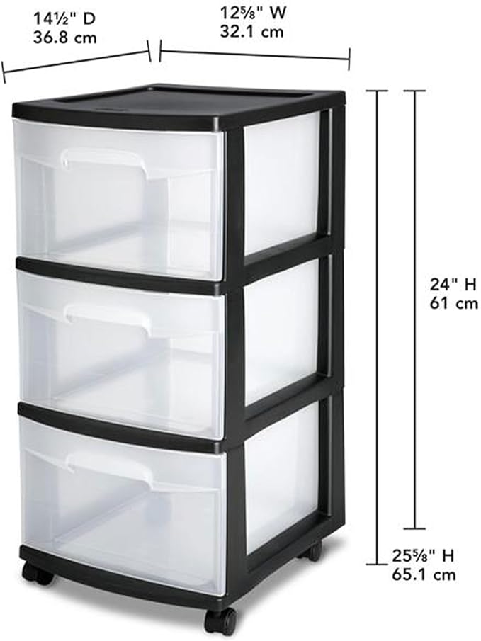 Sterilite 2 Pack Plastic Storage Organizer, 3 Drawer Rolling Bin Cart, Closet Organization, Black
