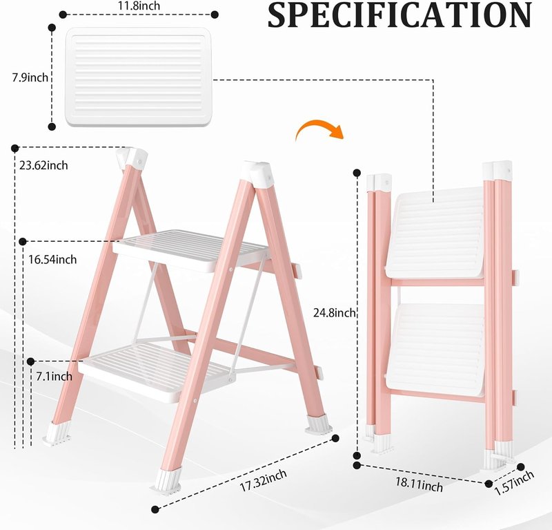 DIAMONDFORGE 2 Step Ladder, Folding Step Stool & Collapsible Stool for Kitchen, 330lbs Capacity with Wide Anti-Slip Pedal & Feet, Sturdy Steel Step Ladder for Home and Office, Pink & White