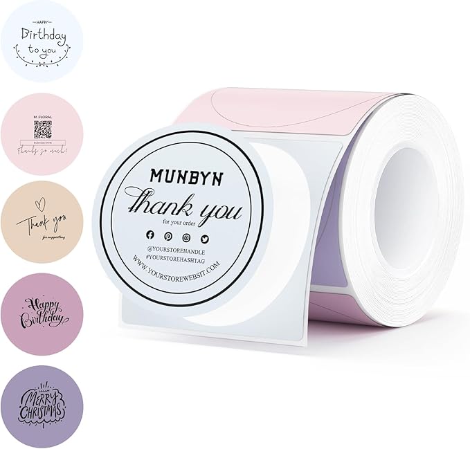 MUNBYN 130B Bluetooth Thermal Label Printer+2 Inch Round Thermal Labels+Pink Label Holder