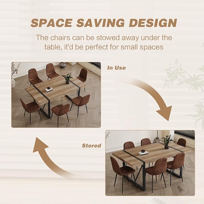 7 Piece Dining Table Set，Dinner Table Set for 6，71'' Kitchen Table and Suede Nap Fabic Chairs Set of 6，6 Chair Dining Table Set for Kitchen Dining Room