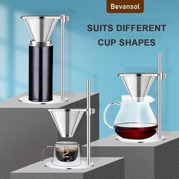 Bevansol Adjustable Stainless Steel Coffee Dripper Stand for Pour Over Brewing - Universal Height Control Holder for Cofee Maker with Double-layer Filter, easy for cleaning