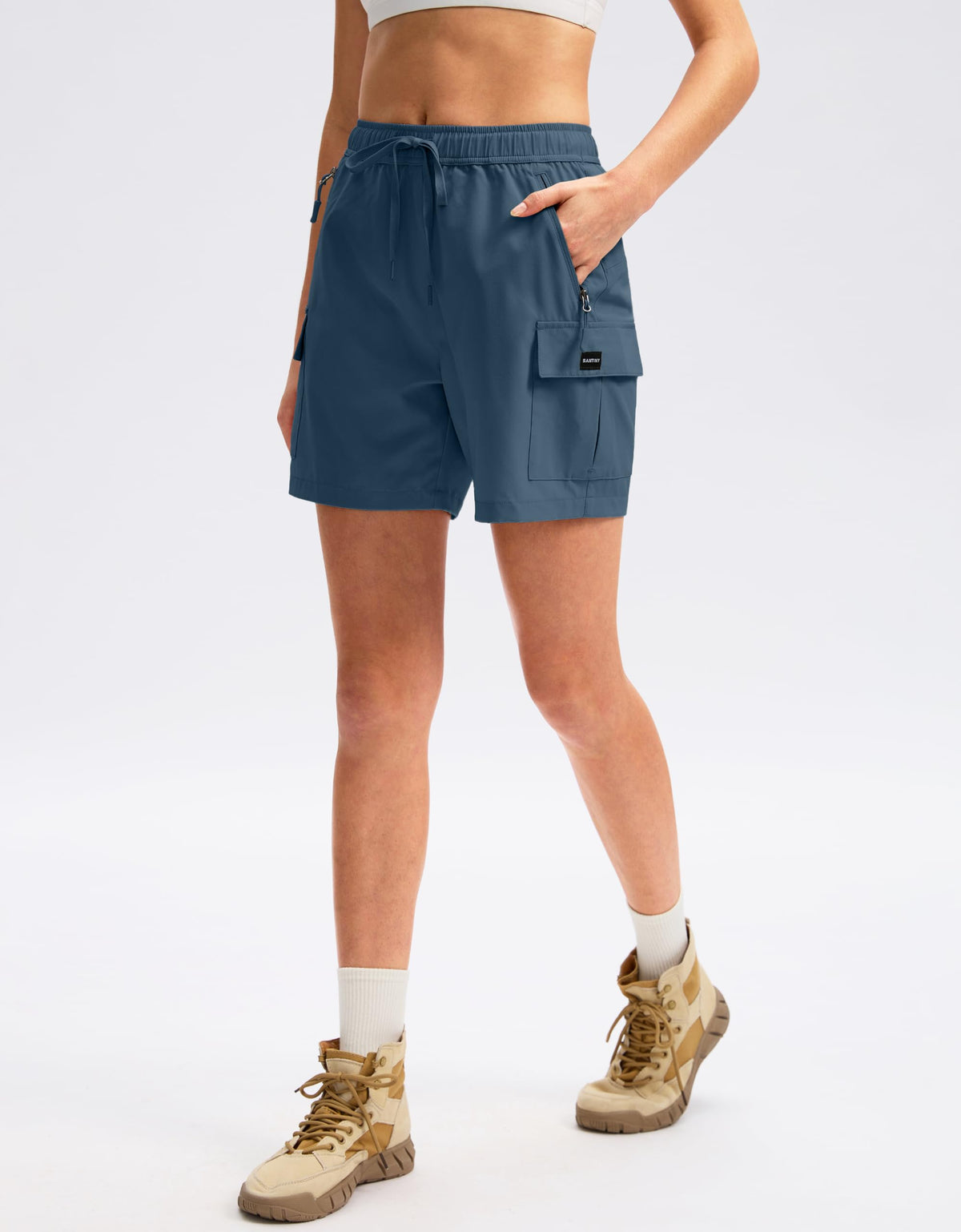 SANTINY Women's 5''/ 7'' Hiking Cargo Shorts Quick Dry Lightweight Summer Shorts for Women Athletic Golf Zipper Pockets(Dusty Blue_L)