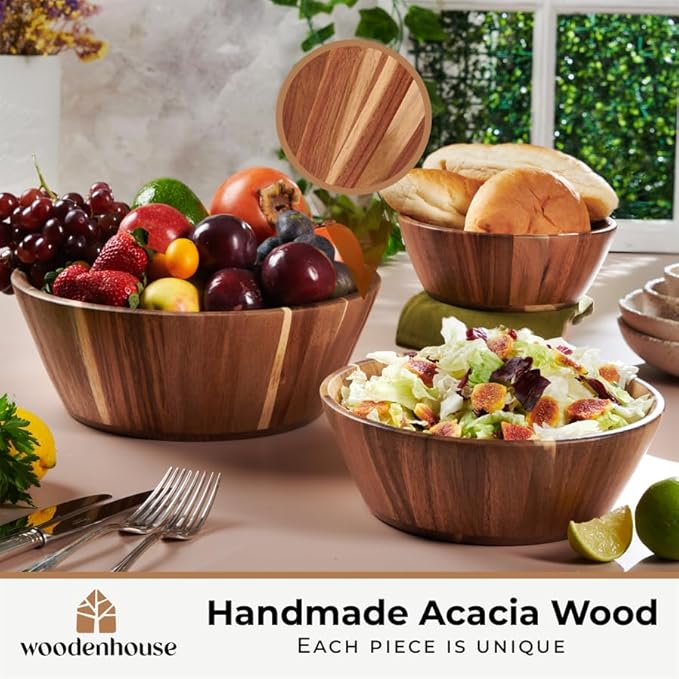 Woodenhouse Wooden Bowls, Wooden Salad Bowl Set of 3 - Round Design Large Salad Bowl Set for Serving, Handmade, Durable and Stylish Natural Wood Dining Accessory