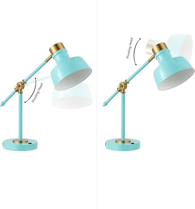 JONATHAN Y 18.5" Cyan/Brass Gold Adjustable Cantilever LED Task Lamp with USB Charging Port, Vintage Farmhouse Desk Lamp for Home Office Reading, Metal Shade (JYL7124C)