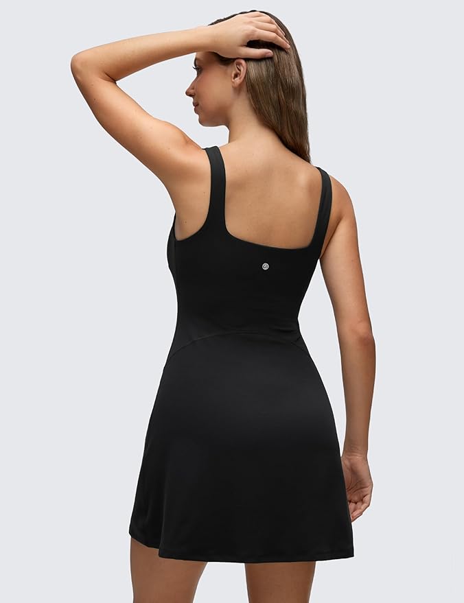 CRZ YOGA Butterluxe Linerless Square Neck Tennis Dress for Women - A Line Casual Outfits with Shelf Bra No Built-in Shorts