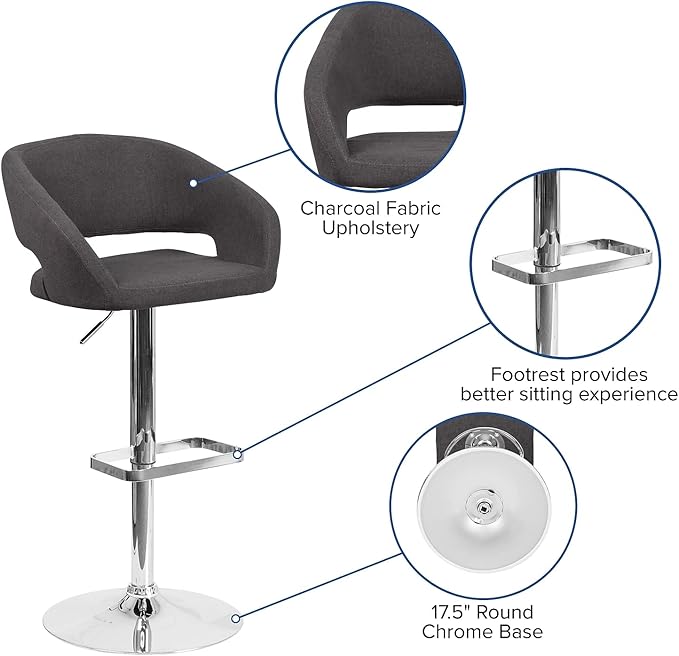 Flash Furniture Erik Comfortable & Stylish Contemporary Barstool with Rounded Mid-Back and Foot Rest, Adjustable Height - Charcoal Fabric with Chrome Base