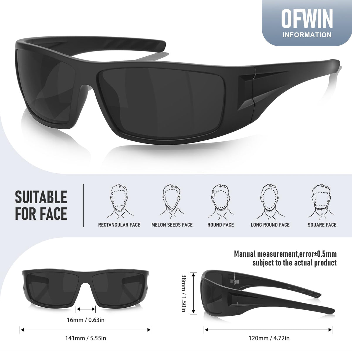 Ofwin Polarized Sports Sunglasses for Men Women Unbreakable Frame Cycling Fishing Wrap Around Sunglasses UV400 Protection Black Frame/Gray Lens