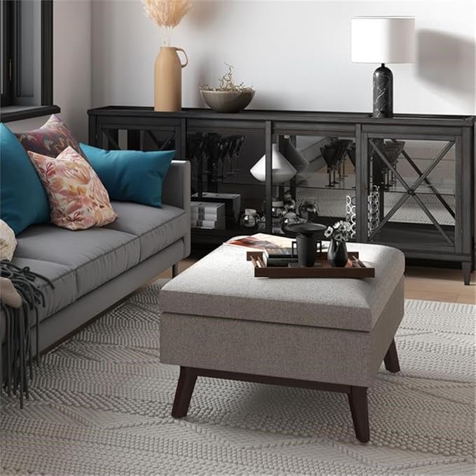 SIMPLIHOME Owen Coffee Table Storage Ottoman - 34 inch Wide Upholstered Woven Fabric Rectangular Lift-Top Ottoman in Cloud Grey, Mid-Century Modern Bench for Living Room with Tapered Legs