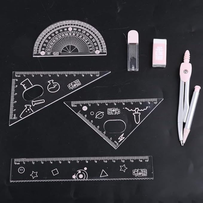 7Pcs Compass/Math Set for Students with Shatterproof Storage Box, Geometry Set for School, Includes Ruler, Protractor and Compass Set, Pencil Sharpener and Eraser for Drafting Tools