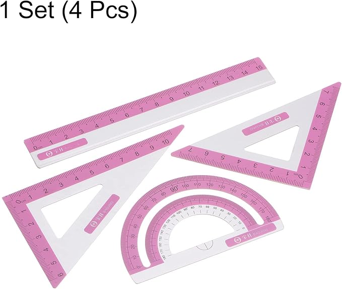 HARFINGTON 4pcs Geometry Set 15cm Metric Measure Ink Printing Aluminum Ruler Metal Ruler Set Triangle Protractor Ruler Tool Set for Classroom, Office, Home, Rose Red