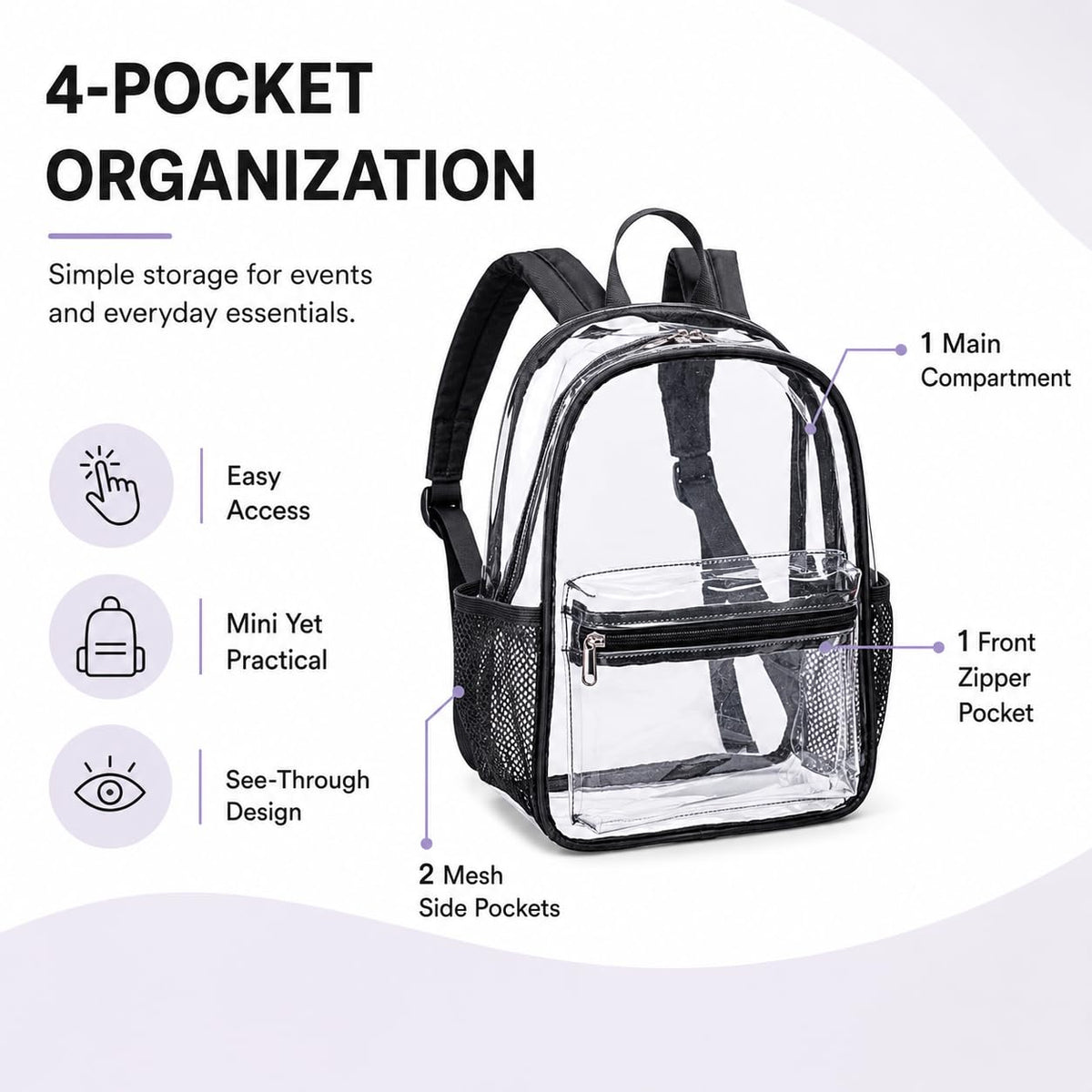 BTOOP Mini Clear Backpack for Stadium Events, 12 x 9 x 5 Inch Transparent PVC Bookbag, Fits Within Common 12x12x6 Stadium Bag Limits, for Concerts, Festivals, Women and Teens