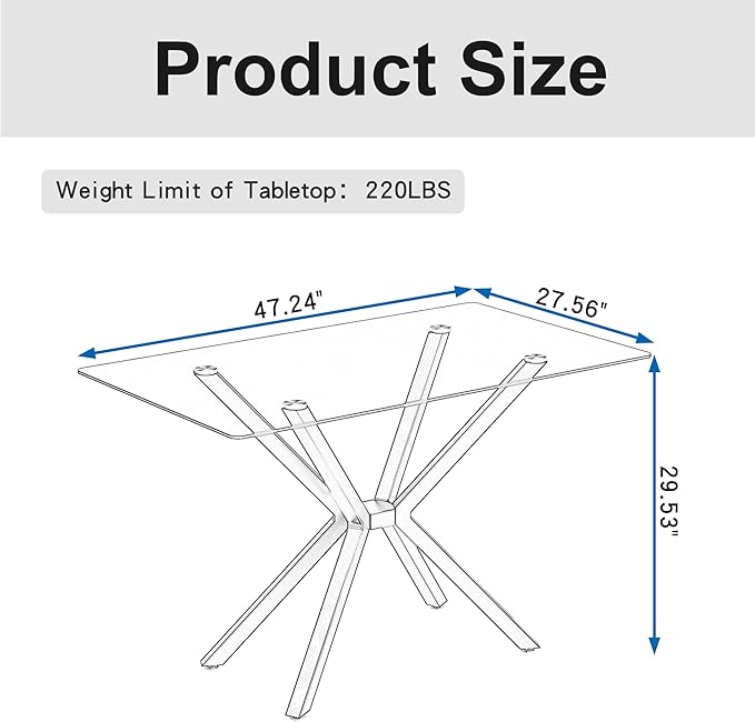 47.24" Rectangular Glass Dining Table Modern Kitchen Glass Top Table for 4 with Black Metal Legs, Clear Dining Table Kitchen Table for Home Office Dining Room