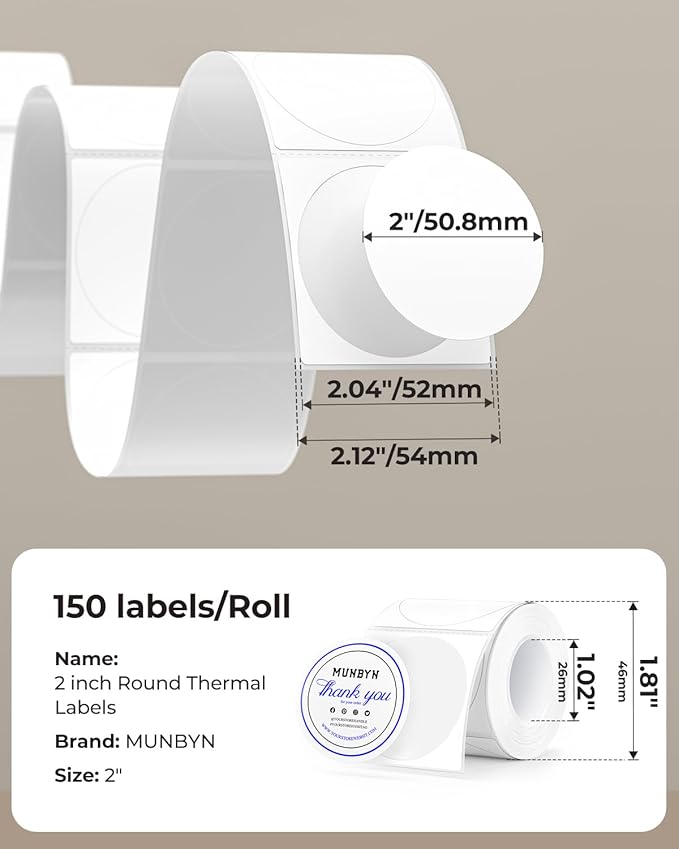 MUNBYN Blue&Black Thermal Labels, Only Compatible with MUNBYN RW405, Dual Color Round Thermal Sticker for Schools, Business, Price Tags, Baking Labels, 150 Sheets/1 Roll