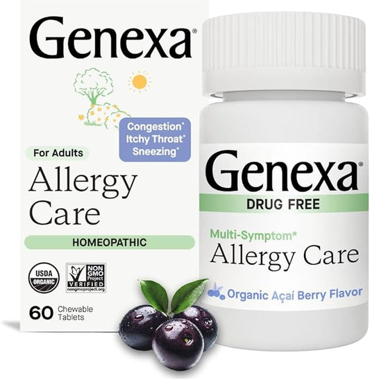 Genexa Allergy Care | Drug Free, Non-Drowsy Allergy Relief & Decongestant for Adults| Acai Berry Flavor | Organic & Non-GMO | Homeopathic Remedy Made Clean | 60 Chewable Tablets