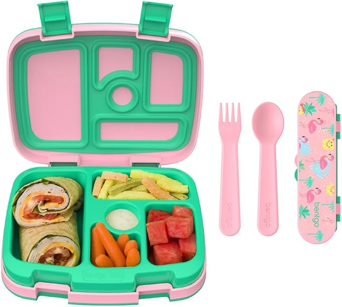 Bentgo® Kids Prints 5-Compartment Bento-Style Kids Lunch Box Set with Reusable Plastic Utensils (Tropical)